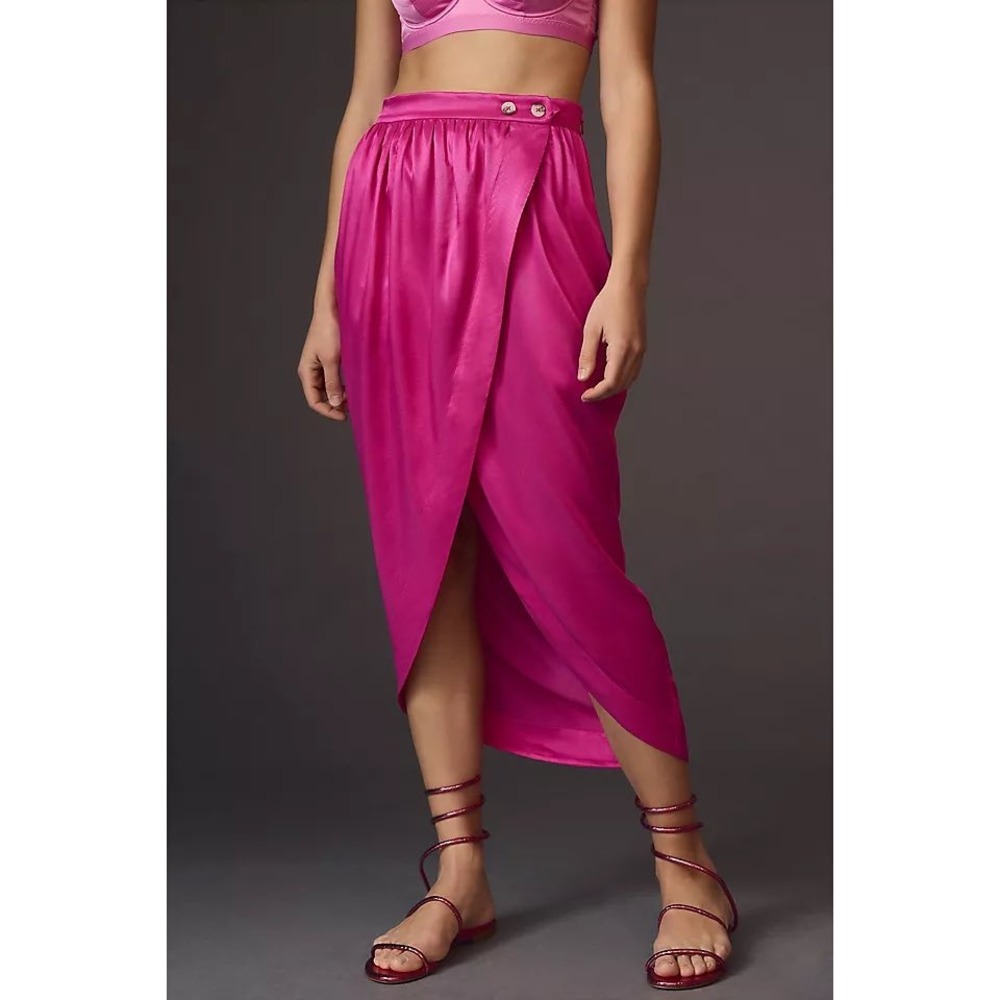 Anthropologie Maeve Women Tulip Midi Skirt 8 Pink Satin Faux Wrap Magenta